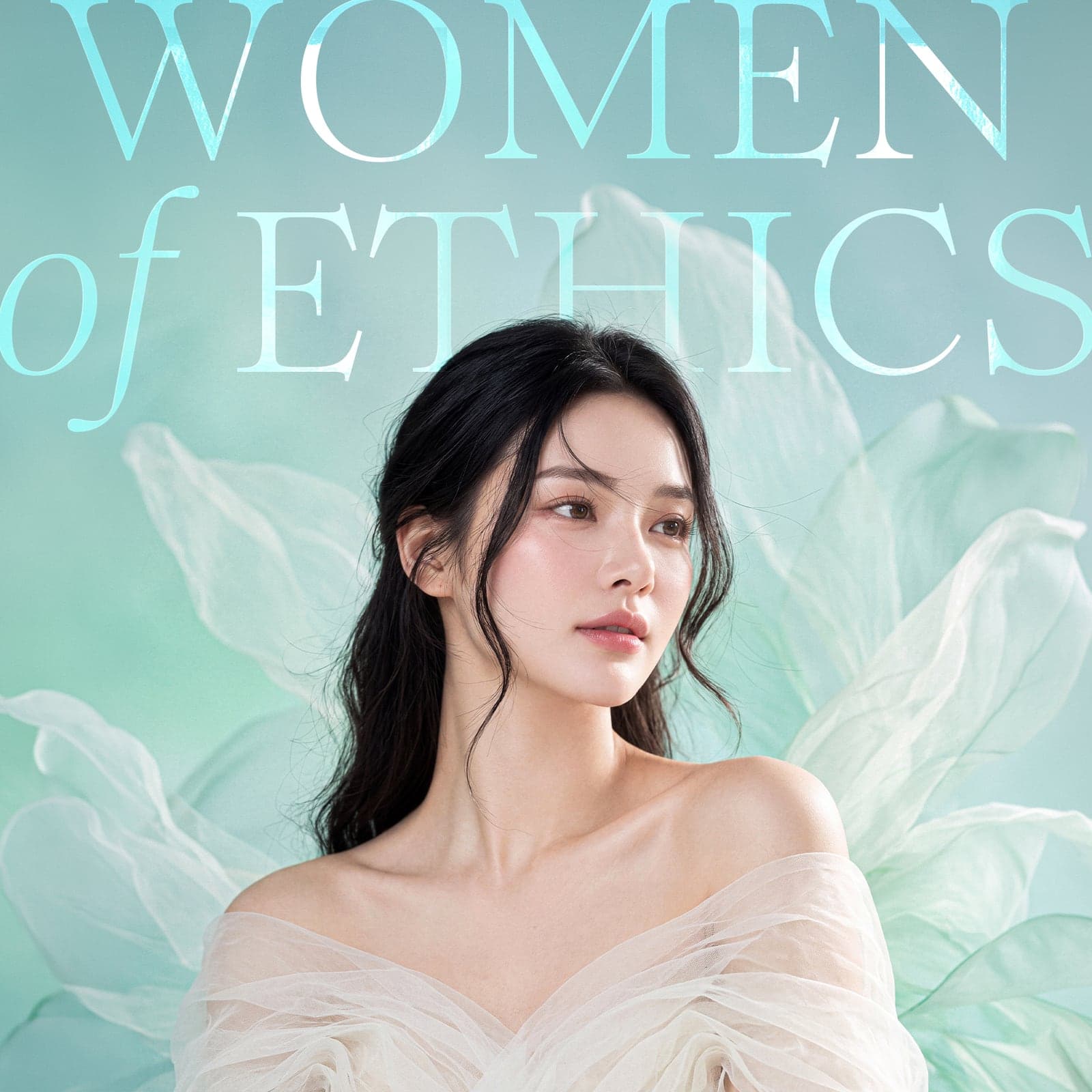 Women of Ethics – Porträt vor einem Hintergrund aus minzgrünen Blütenblättern
